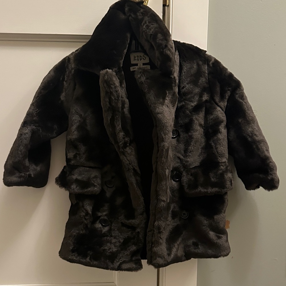 Kids Cozy Faux Fur Pea Coat - Black
